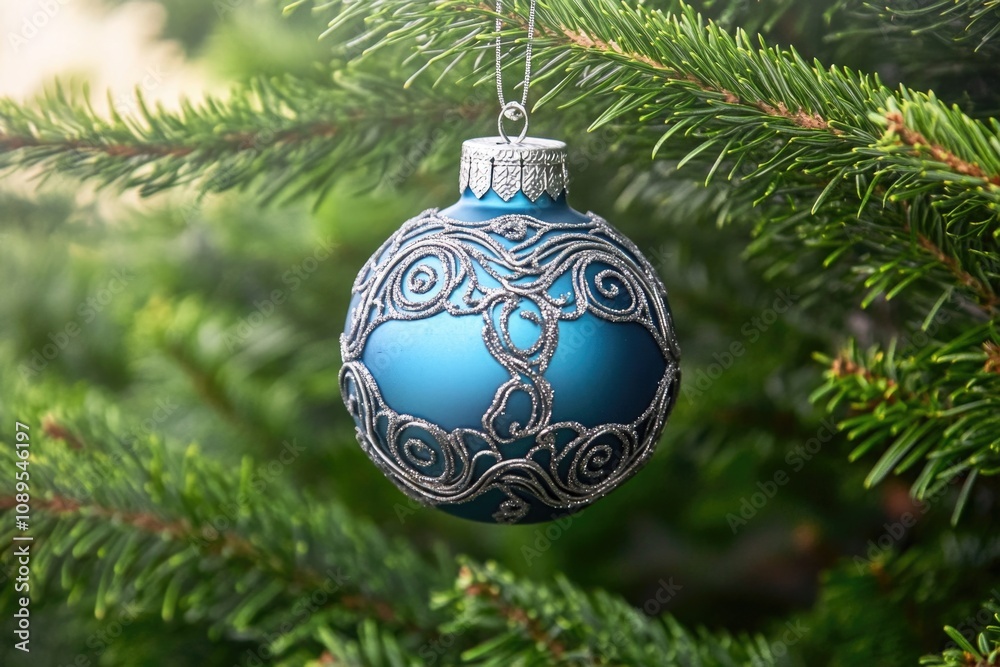 A decorative blue ornament hangs from a Christmas tree A decorative blue ornament hangs from a Christmas tree