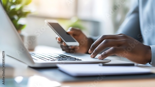 A person typing on a keyboard with a notebook and smartphone placed next to the computer