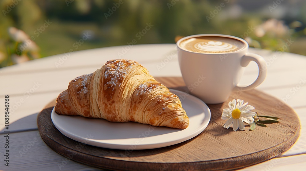 A warm croissant sits on a plate beside a cup of coffee, set against a scenic outdoor background, evoking a cozy breakfast atmosphere. A warm croissant sits on a plate beside a cup of coffee, set against a scenic outdoor background, evoking a cozy breakfast atmosphere.