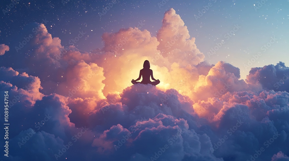Serene Silhouette Meditating on Glowing Cloud in Tranquil Sky Symbolizing Mindfulness and Spiritual Enlightenment Serene Silhouette Meditating on Glowing Cloud in Tranquil Sky Symbolizing Mindfulness and Spiritual Enlightenment