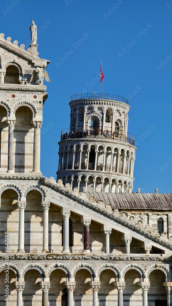 The famous architecture in Pisa city. Piazza del Duomo, Battistero di San Giovanni, Leaning Tower, Cattedrale di Pisa