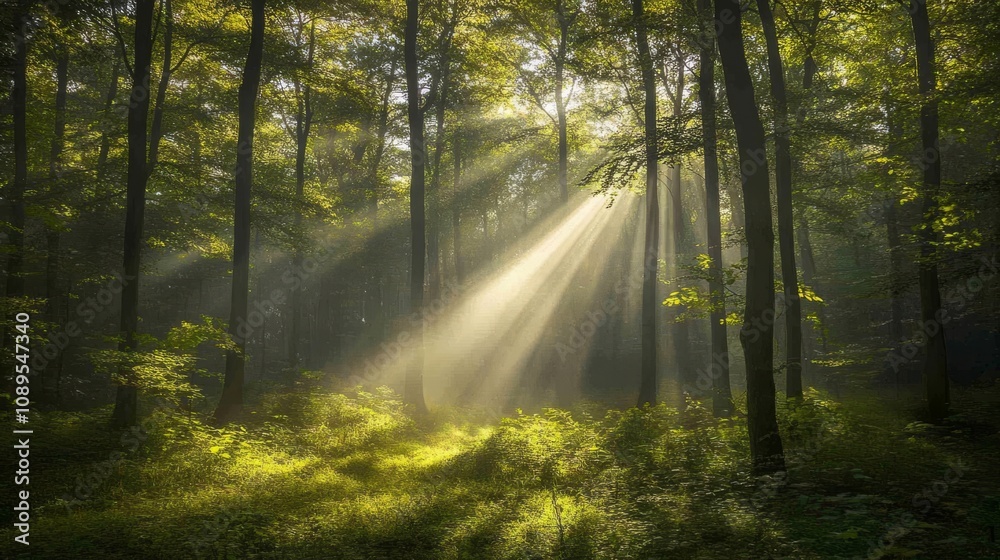 Obraz premium Sunbeams Illuminate A Misty Green Forest