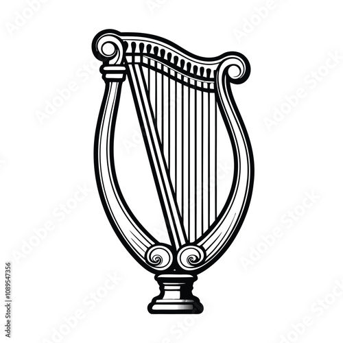 Create a highly detailed, editable stroke vector graphic of a Celtic harp with clearly defined strings, intricate details, and a polished finish suitable for various design applications.