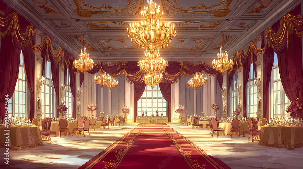 Obraz premium Opulent royal banquet hall for wedding anniversary celebration with ornate chandeliers. Extravagant Royal Banquet. Illustration