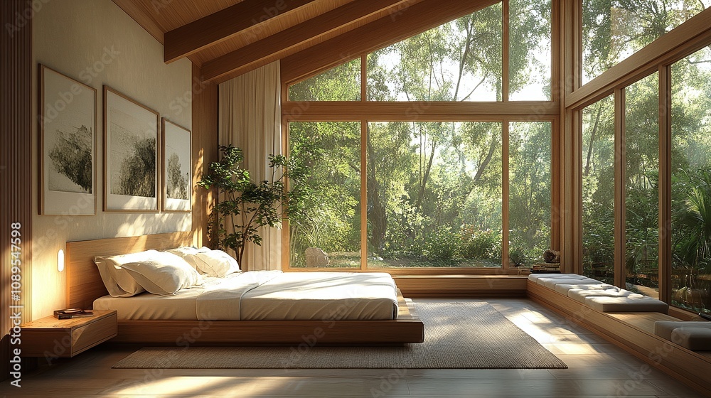 Beautiful cozy bedroom in Scandinavian style with wooden elements
Beautiful cozy bedroom in Scandinavian style with wooden elements