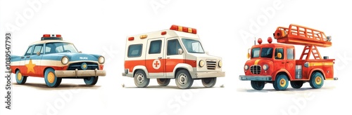 Cartoon Emergency Vehicles Set: Fire Truck, Police, Ambulance for Kids' Travel Art