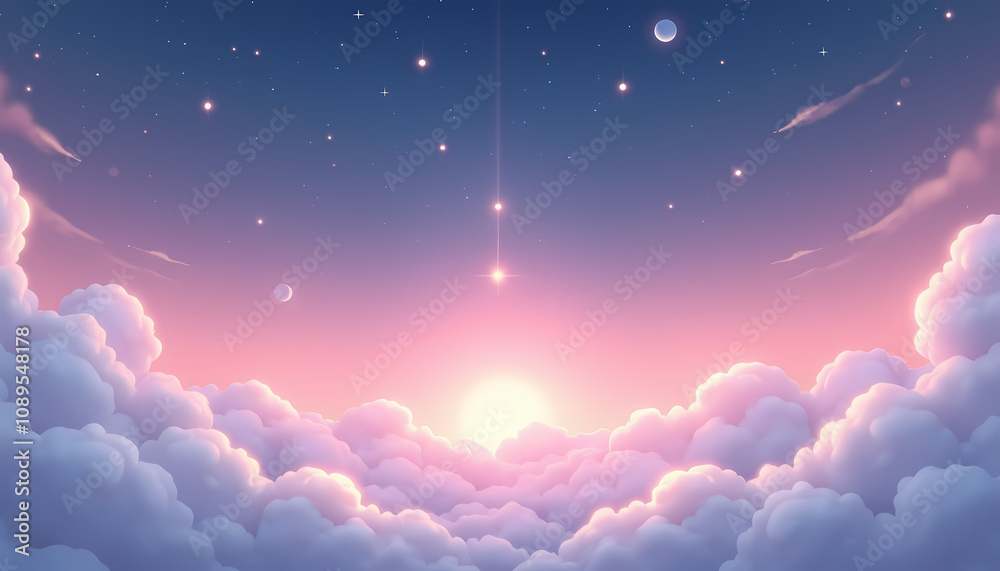 Sunrise with bright star and planets among fluffy clouds in pastel sky, tranquil atmosphere, copy space Sunrise with bright star and planets among fluffy clouds in pastel sky, tranquil atmosphere, copy space