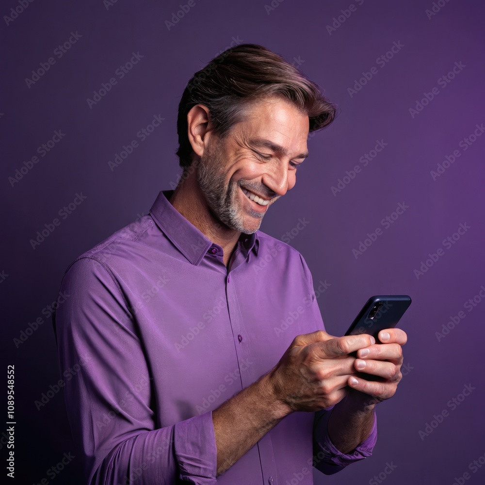 Smiling Man in Purple Shirt Using Smartphone Against a Purple Backdrop. Generative AI Smiling Man in Purple Shirt Using Smartphone Against a Purple Backdrop. Generative AI