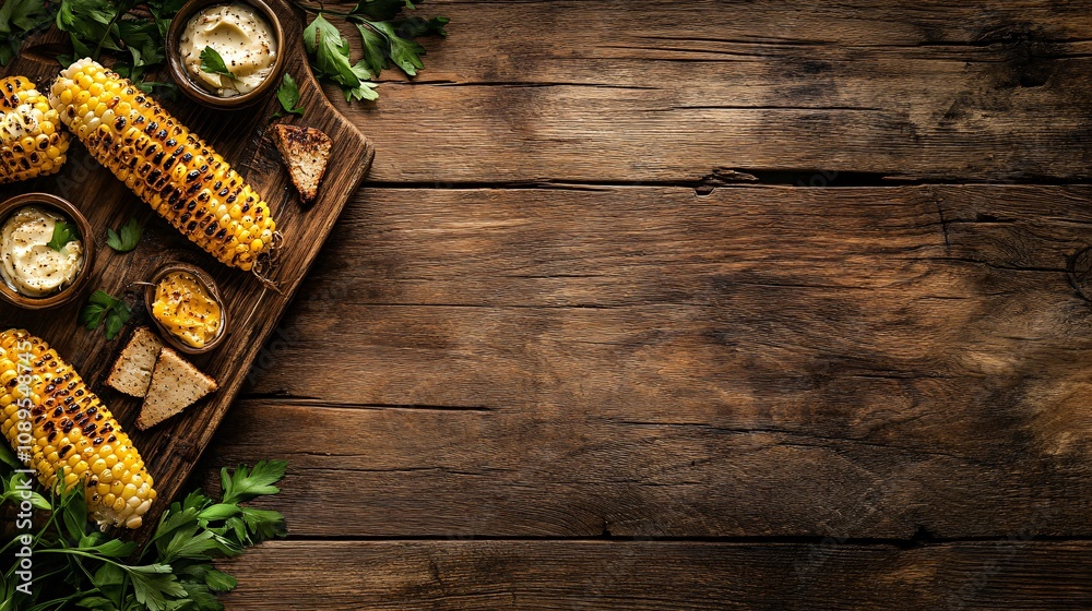 Grilled Corn on the Cob with Compound Butter and Rustic Bread on Wooden Background Grilled Corn on the Cob with Compound Butter and Rustic Bread on Wooden Background