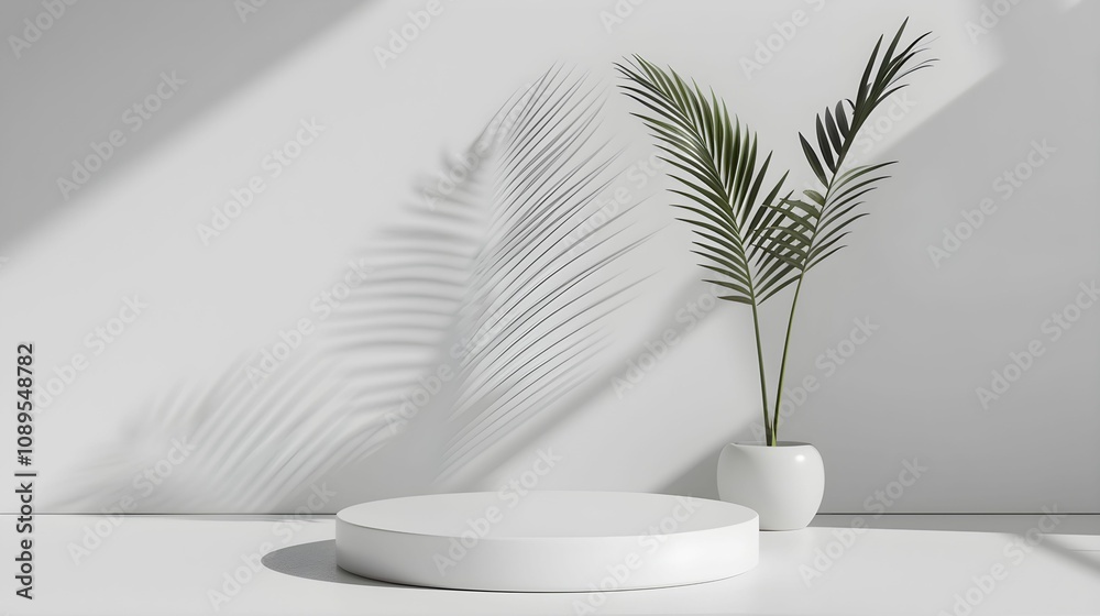 A white round podium in a bright room, a minimalist plant nearby A white round podium in a bright room, a minimalist plant nearby