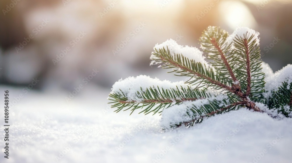 Snow Covered Pine Branch Winter Wonderland Scene Snow Covered Pine Branch Winter Wonderland Scene