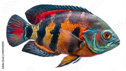  Colorful Oscar fish swimming, vibrant Oscar fish isolated on white background  
