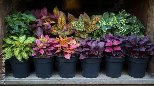 Potted vibrant decorative plants arranged on shelves