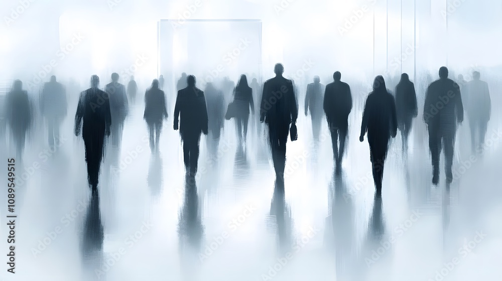 Blurry silhouettes of people walking in a hazy, minimalist corridor with soft light and reflective floors, creating an ethereal mood.. Blurry silhouettes of people walking in a hazy, minimalist corridor with soft light and reflective floors, creating an ethereal mood..