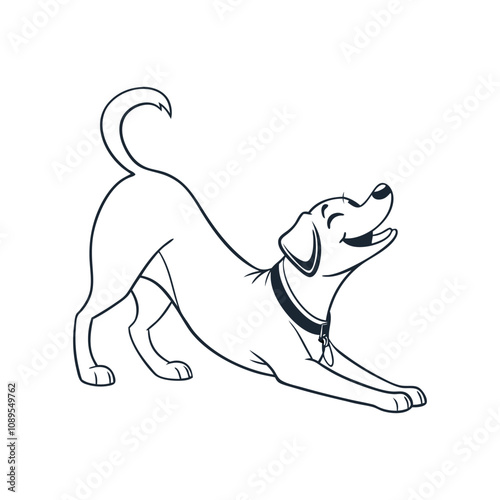 Delightful minimalist line art of a dog stretching, featuring a joyful expression and simple black and white design.