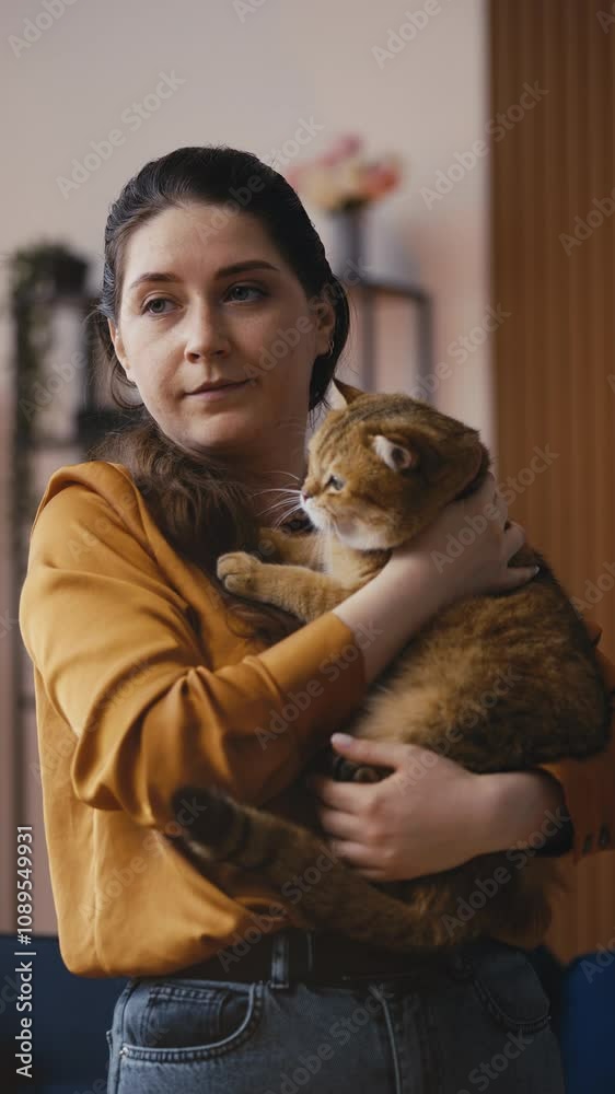 Portrait of young woman holding an adorable British Shorthair cat in her arms Portrait of young woman holding an adorable British Shorthair cat in her arms