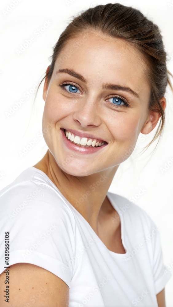 Beautiful Young Lady With Blue Eyes Smiles Warmly in a Bright Setting. Generative AI Beautiful Young Lady With Blue Eyes Smiles Warmly in a Bright Setting. Generative AI