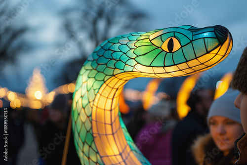A Green Wood Snake-themed lantern illuminated at night during a Lunar New Year festival.
