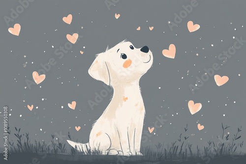 valentine dog doodlesketch, simple valentines dog doodle with pastel hearts, in a whimsical style, set on a subtle gray backdrop photo