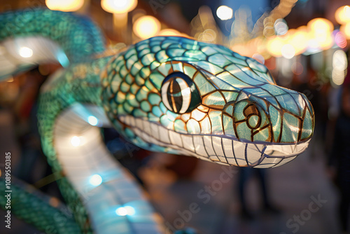 A Green Wood Snake-themed lantern illuminated at night during a Lunar New Year festival.