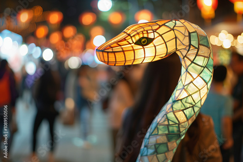 A Green Wood Snake-themed lantern illuminated at night during a Lunar New Year festival.