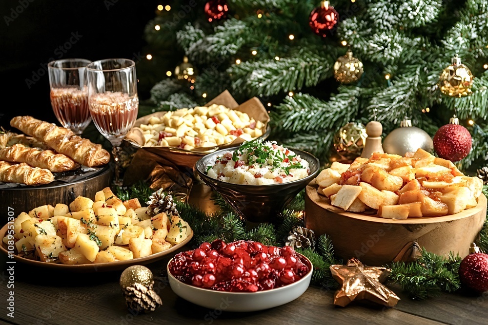 Delicious christmas food and drinks arranged on a decorated table with a christmas tree in the background, creating a warm and inviting holiday atmosphere Delicious christmas food and drinks arranged on a decorated table with a christmas tree in the background, creating a warm and inviting holiday atmosphere