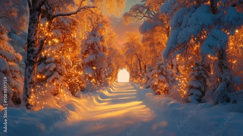 Snow Covered Trees Illuminated By Warm Lights At Sunset Snow Covered Trees Illuminated By Warm Lights At Sunset