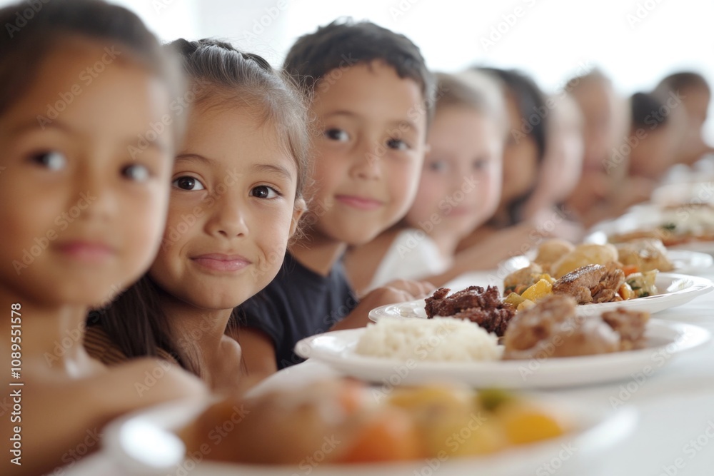 Group of kids eating together, perfect for family or school meal scene Group of kids eating together, perfect for family or school meal scene