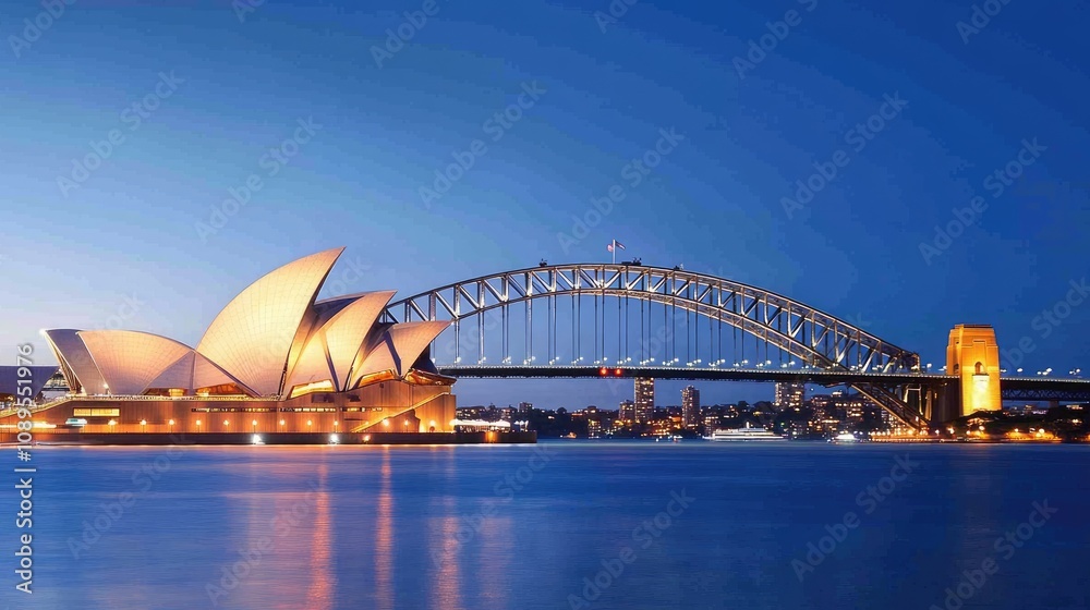 Naklejka premium Sydney Harbour Bridge and Opera House illuminated by breathtaking fireworks, with no people visible, highlighting the serene atmosphere.