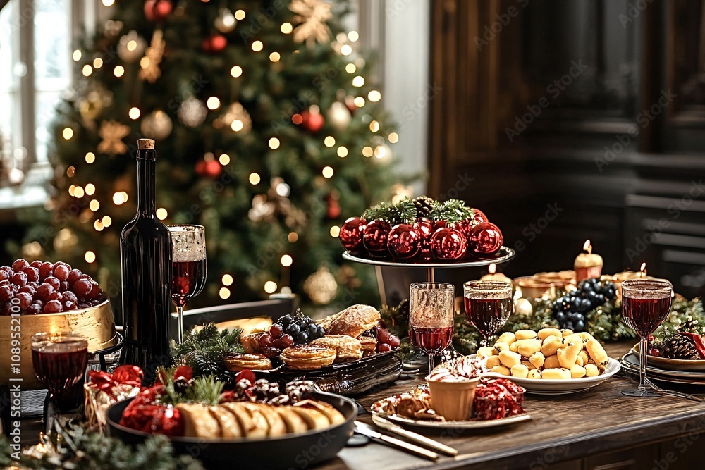 Festive table setting for christmas dinner with various dishes, wine, and grapes, creating a warm and inviting atmosphere near a beautifully decorated christmas tree Festive table setting for christmas dinner with various dishes, wine, and grapes, creating a warm and inviting atmosphere near a beautifully decorated christmas tree