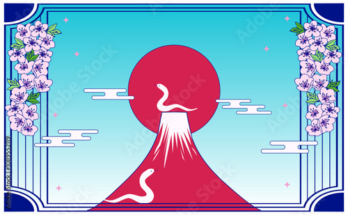 白蛇と赤富士の和風背景イラスト