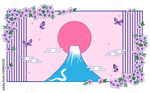 白蛇と富士山と蝶の和風背景イラスト