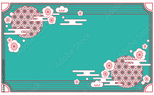 梅の花と和風模様の背景イラスト素材