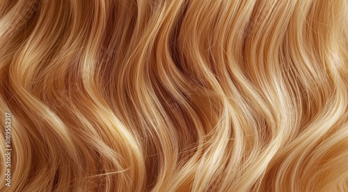 A close-up view of wavy, golden-brown hair, showcasing its glossy texture and natural movement.