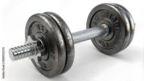 Close-up of a metallic dumbbell on white background, Fitness dumbbell isolated in sharp detail 