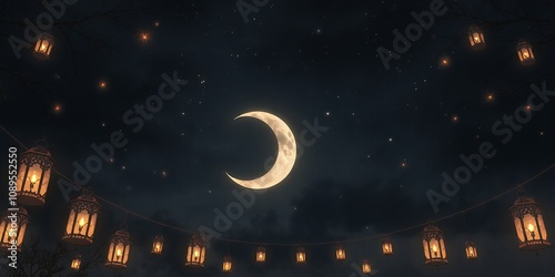 Crescent moon shines above lanterns in a night sky filled with stars photo