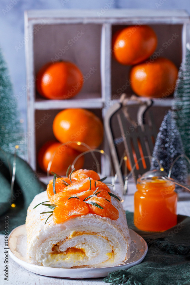 Meringue roll filled with mascarpone, cream and tangerine jam, decorative Christmas trees and tangerines.