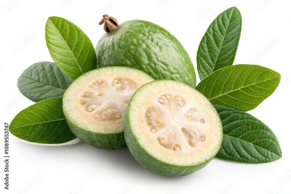 Fresh Feijoa Halves Splash Among Vibrant Green Leaves on a White Background. Generative AI Fresh Feijoa Halves Splash Among Vibrant Green Leaves on a White Background. Generative AI