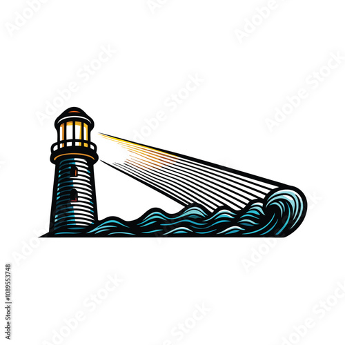 Create an editable stroke vector graphic of a lighthouse beam illuminating the dark ocean.  Include realistic light rays and a detailed lighthouse structure.