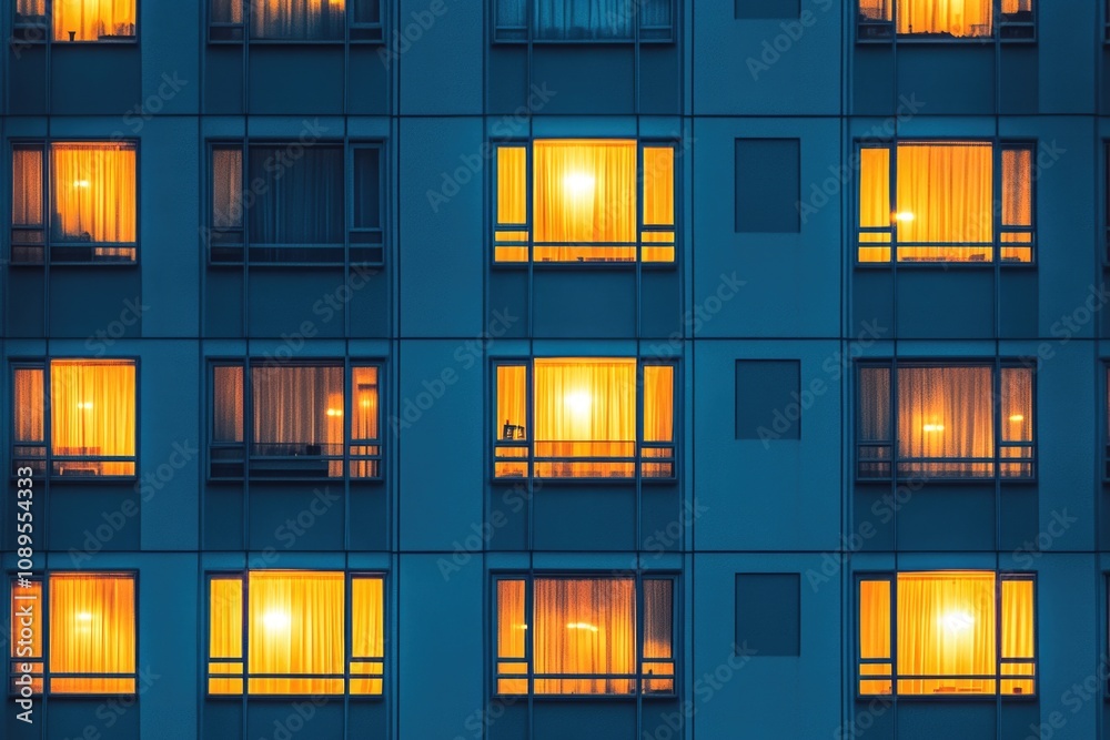 A high-rise building with multiple floors and numerous lighted windows, ideal for use in cityscape or urban settings A high-rise building with multiple floors and numerous lighted windows, ideal for use in cityscape or urban settings