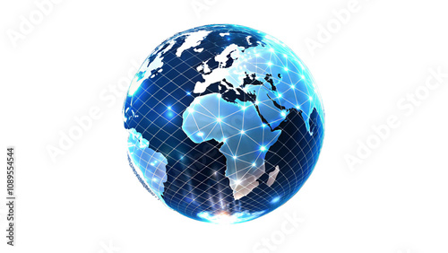 Blue globe illustration on a white background showing continents and oceans. photo