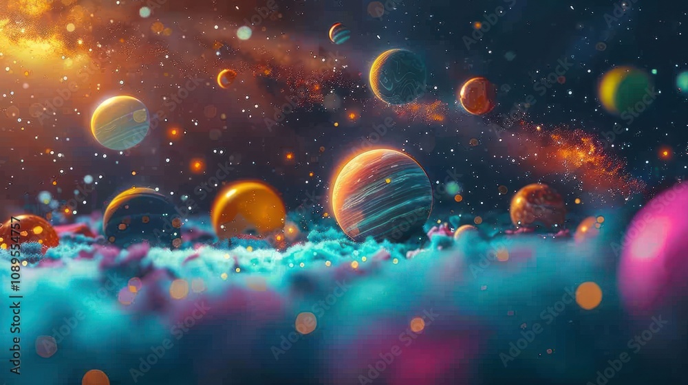 Obraz premium A colorful nebula with planets and stars in a cosmic landscape.