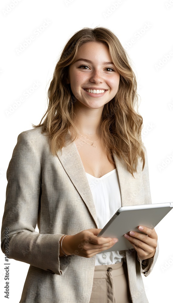 A smiling young professional woman or student holding a digital tablet, isolated on white. Perfect for advertising online education, e-learning courses, and digital technology concepts A smiling young professional woman or student holding a digital tablet, isolated on white. Perfect for advertising online education, e-learning courses, and digital technology concepts