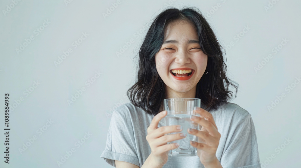 a girl of Asian appearance laughs, holds a glass of water in her hands, quenches her thirst a girl of Asian appearance laughs, holds a glass of water in her hands, quenches her thirst