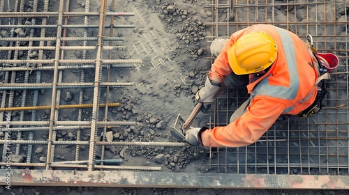 A construction worker pouring concrete on a rebar framework at a construction site. photo