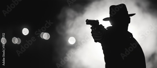 Silhouette of gangster raising gun in the city, criminal or mafia concept, horizontal poster banner 