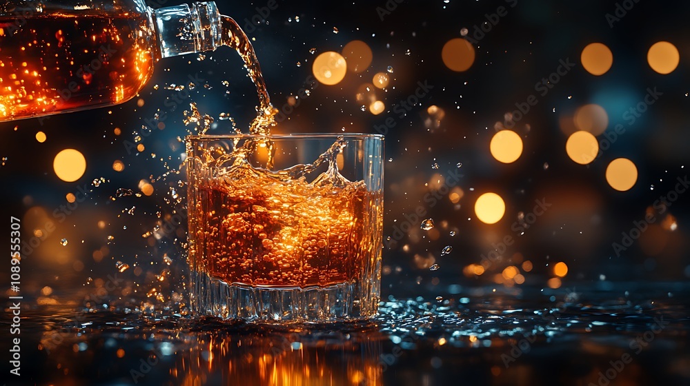 A captivating action shot of liqueur being poured from a bottle into a tall glass, with splashes and droplets forming elegant arcs in the air, set against a dark, blurred background, A captivating action shot of liqueur being poured from a bottle into a tall glass, with splashes and droplets forming elegant arcs in the air, set against a dark, blurred background,