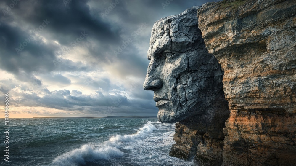 A giant stone face emerges from the cliffs by the ocean, surrounded by waves and cloudy skies, creating a mysterious atmosphere. A giant stone face emerges from the cliffs by the ocean, surrounded by waves and cloudy skies, creating a mysterious atmosphere.