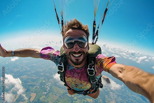 Skydiver wearing protective glasses is smiling and taking a selfie with his action camera while paragliding over a beautiful landscape with white clouds and blue sky photo