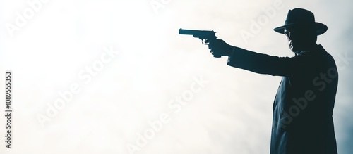 Silhouette of gangster raising gun, criminal or mafia concept, horizontal poster banner 